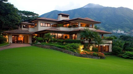 A luxurious house with a large lawn and garden, nestled in a mountainous region.