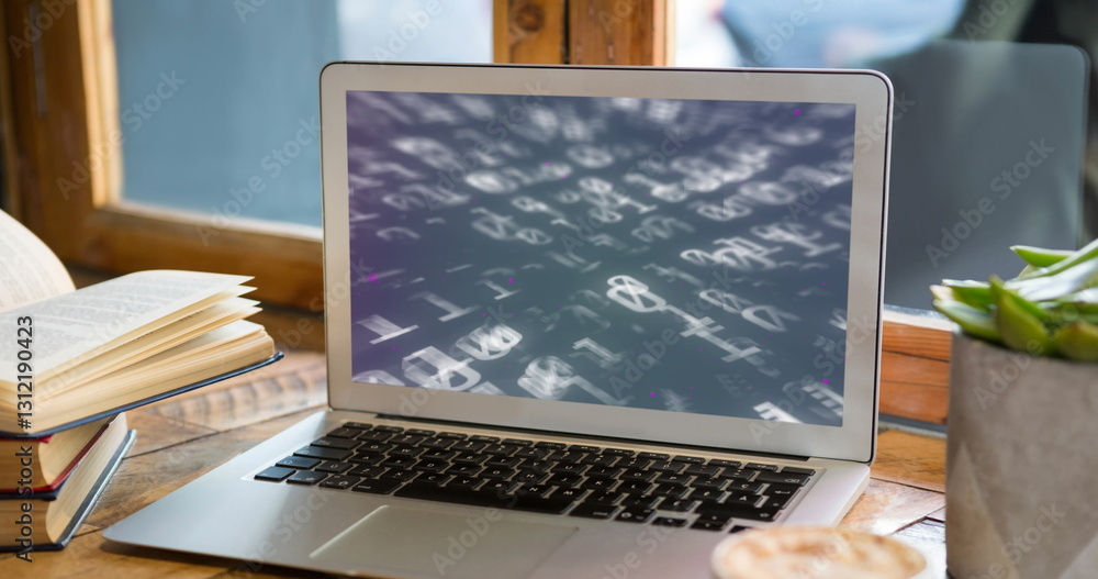 Poster image of binary coding on laptop in office