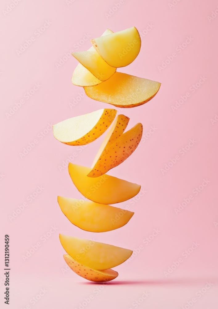 Poster fresh, vibrant apple slices floating against a soft pink background creating a minimalistic style em