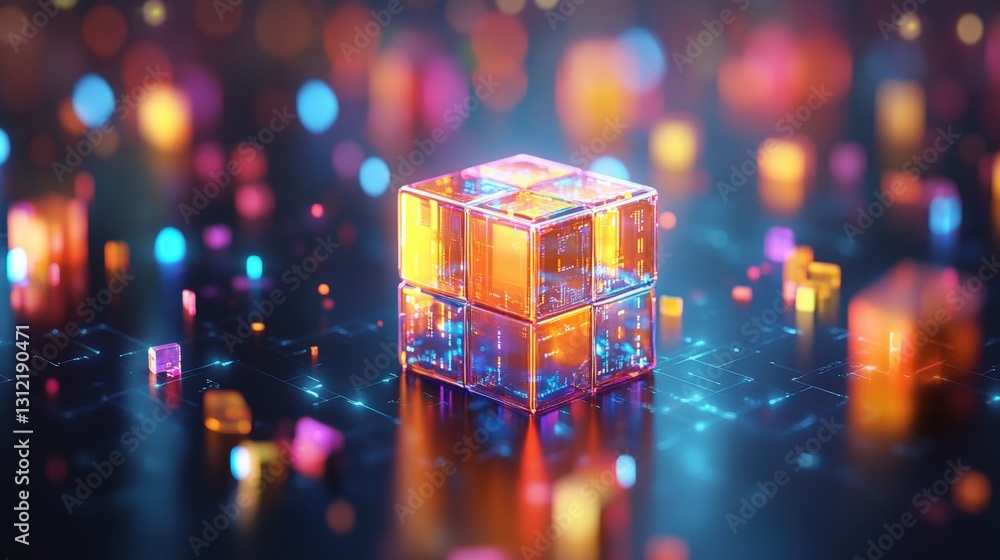 Poster brightly colored cube set against a vivid background creating a bold visual statement and contempora