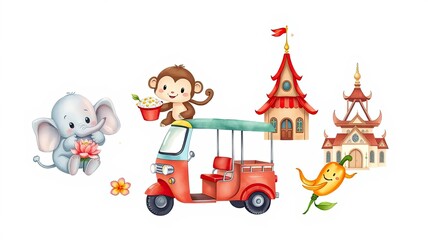 Fototapeta premium Cute Asian Animals Tuk Tuk Temple Illustration
