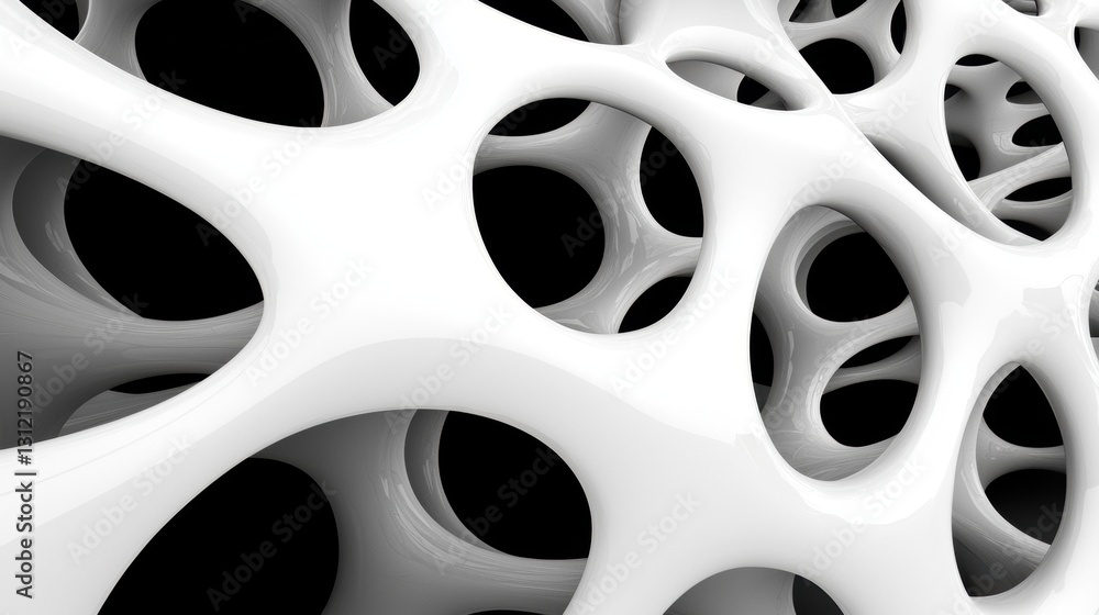 Fototapete a 3d rendering of a complex, white, organic structure with a network of interconnected lines and cir