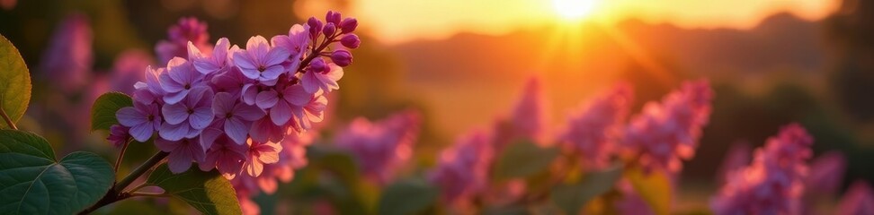 Lilacs are bathed in soft golden light at sunset, blooming flowers, peaceful, idyllic