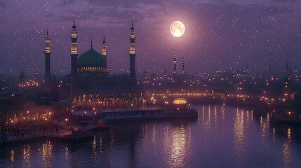 Obraz premium Night scene of a city with a mosque and river.