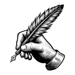 quill pen and scroll next to an inkwell sketch engraving black and white outline. Scratch board imitation. illustrated in vintage line art style on a white background.