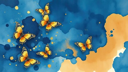 Elegant Yellow Butterflies on Blue Gold Watercolor Background