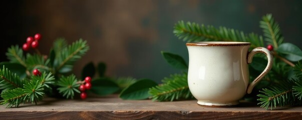 Pine needles and holly sprigs adorn a vintage ceramic mug on a rustic wooden shelf, evergreen, mug