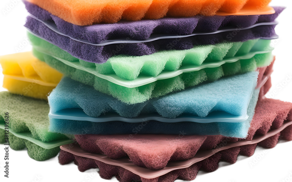 Poster a set of scouring pads for cleaning greasy surfaces, isolated on a empty plain background