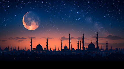 Night skyline of a Middle Eastern city under a crescent moon