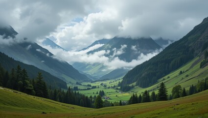 Naklejka premium Lush Green Valley Surrounded By Majestic Mountains Under A Dramatic Cloudy Sky
