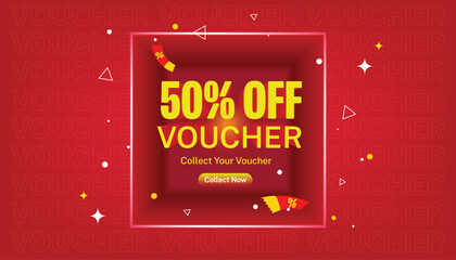 50% Off Voucher a red 3d box with golden coins flying around, isolated on a Red Background. Gift voucher for cashback banner template in 3d vector