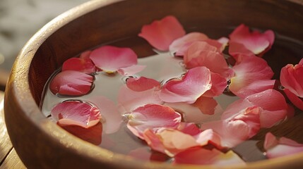 Tranquil Spa Scene with Floating Rose Petals in Wooden Bowl