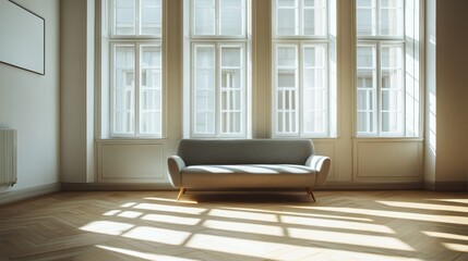 Fototapeta premium Empty room with sofa and sunlight streaming through large windows. Ideal for interior design