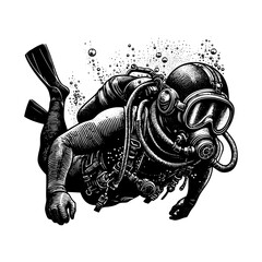 Scuba diving sketch engraving black and white outline. Scratch board imitation.