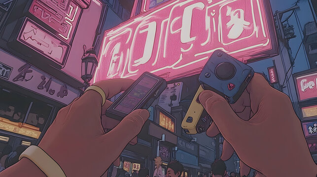 Nighttime handheld gaming in a neon-lit Asian city street