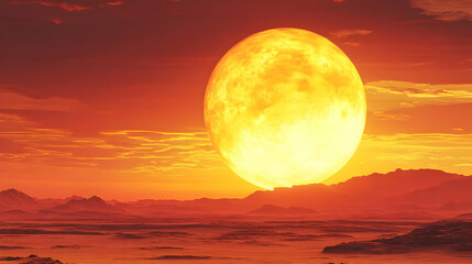 Fiery Orange Sunset with Giant Full Moon over Desert Landscape