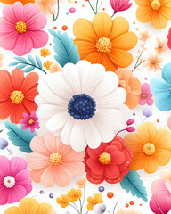 Colorful, cartoon-like floral arrangement with bright pink, orange, blue, and white flowers