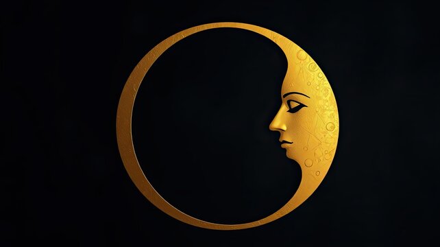 Golden Crescent Moon Art Deco Face Luxury Design Mystical Elegant