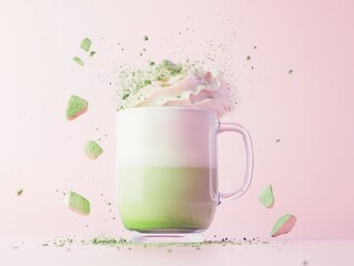 Refreshing matcha latte in a glass mug