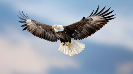Obraz premium Majestic Bald Eagle Soaring in Flight Against a Blue Sky, Freedom and Strength Symbol
