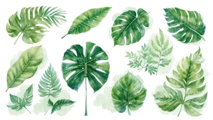 Collection of Green Watercolor Leaves in Various Shapes and Sizes on a White Background
