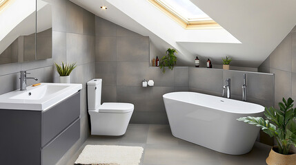 Modern bathroom interior featuring a sleek design, natural light, and stylish decor.