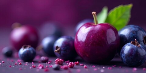 Vibrant Purple Fruit and Berry Still Life Featuring a Jewel-Toned Plum and Deep Blue Berries on a Dark Surface
