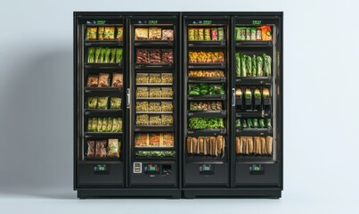 Fresh food vending machines with salads, snacks, and sandwiches on plain background