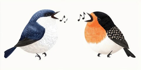Obraz premium Charming Illustration of Two Singing Birds with Musical Notes, Animated Song Duet