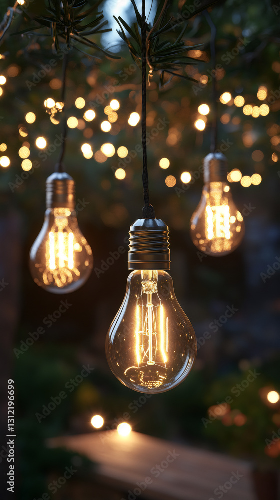 Poster light bulbs hanging from a tree branch, creating a warm and inviting atmosphere in a garden at night