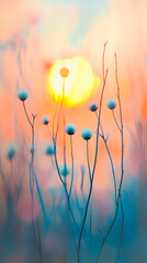 A dreamy, atmospheric silhouetted thistles against vibrant sunset/sunrise backgrounds, with glowing yellow suns creating a dramatic backlighting. Generative AI