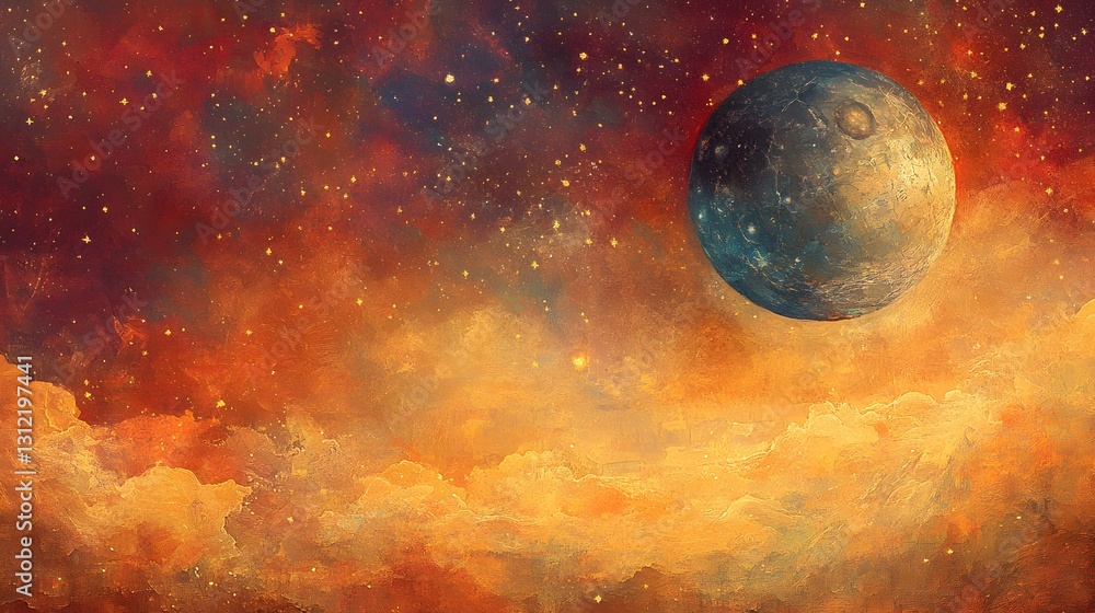 Canvas Prints textured planet orbits amidst a vibrant celestial cloudscape