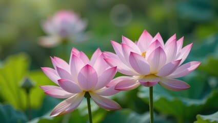 Delicate Pink Lotus Flowers Blooming in a Lush Green Garden During Morning Light