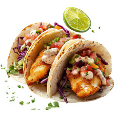 Crispy Fried Fish Taco with Cabbage Salsa and Lime Isolated on Transparent Background