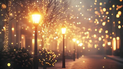 Festive street scene adorned with enchanting fairy lights at night