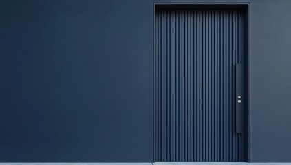 Dusky navy wall with slatted midnight-blue door, elegant entrance.