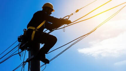 Silhouette of lineman working on utility pole (1)