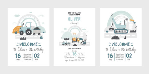 Vector invitation template set kid's birthday party with construction truck, rainbow, mountains. Cute cartoon building cars, transportation. Invitation design. Baby boy. Tractor. Newborn.