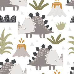 Vector seamless pattern with cute cartoon dinosaurs, tropical plants, leaves and volcanoes. Triceratops. Jurassic period. Jungle. Creative kids texture for fabric, wrapping, textile, wallpaper. © ZHUKO