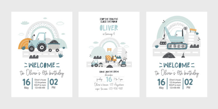 Vector invitation template set kid's birthday party with construction truck, rainbow, mountains. Cute cartoon building cars, transportation. Invitation design. Baby boy. Tractor. Newborn.