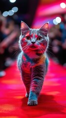Cute gray cat walks confidently down a vibrant runway during a fashion show event in an urban setting at night