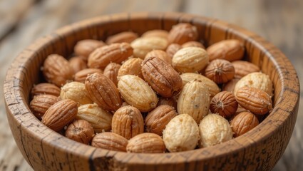 Close Up of Assorted Roasted Nuts in a Wooden Bowl on a Rustic Table Surface