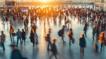 Obraz premium Crowds of people blur at the airport at sunset.