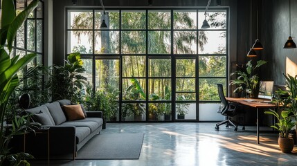 Modern office interior with large windows, plants, and a couch. Use showcasing contemporary workspace design