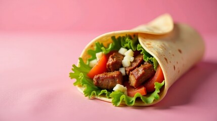 Savory Meat and Vegetable Wrap on Pink Background A Delicious and Healthy Meal Option