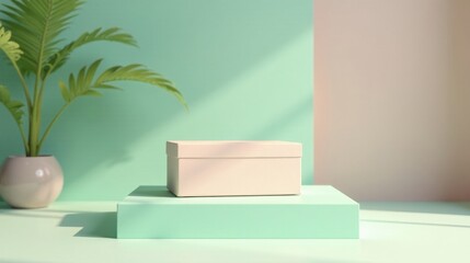 Pastel Product Presentation A Minimalist Box on a Platform with a Tropical Plant