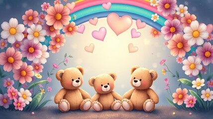 Fototapeta premium Adorable Teddy Bears Rainbow Flowers Hearts Love Cute Illustration