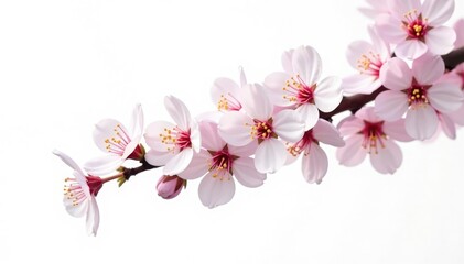 Delicate cherry blossom branch isolated on white background, foliage, branches, white
