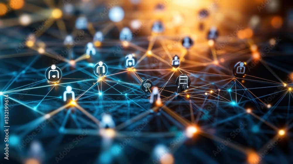 Poster complex network of connected lines and nodes illustrating the concept of digital communication and d