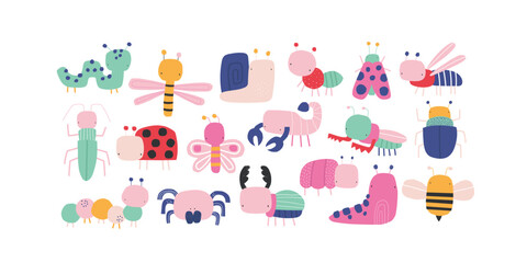 Vector illustration cute cartoon simple colorful insects for kids. Beetle, praying mantis, spider, wasp, bee, ladybug, snail, butterfly, ant, caterpillar, dragonfly, scorpion, moth. Scandinavian.